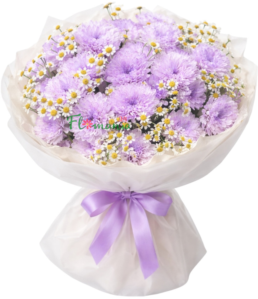 Букет «Летняя нежность» из сиреневых хризантем и ромашки