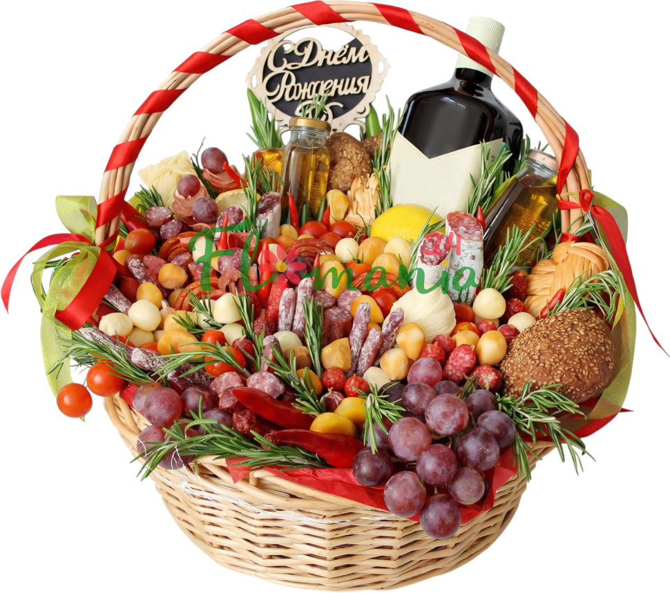 Подарочная гастрономическая корзина  «Royal Meat and Something Else» с колбасами, сырами, безалкогольным вином и фруктами
